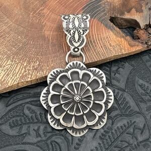 LEANDER TAHE Navajo Sterling Silver 3-D Flower Pendant Large Decorative Bail